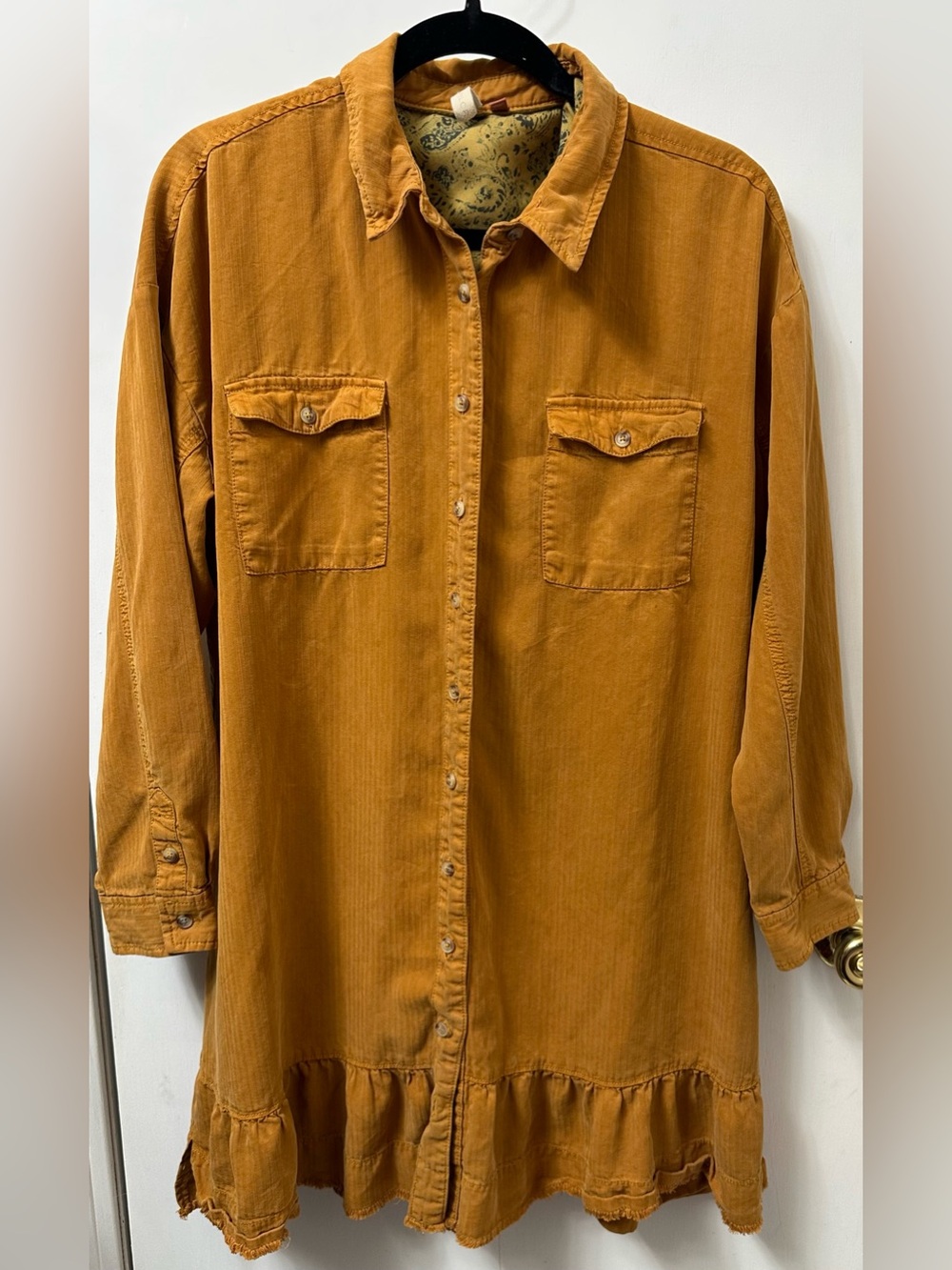 Pilcro Long-Sleeve Ruffle-Hem Button-Up Shirt Dress in Mustard